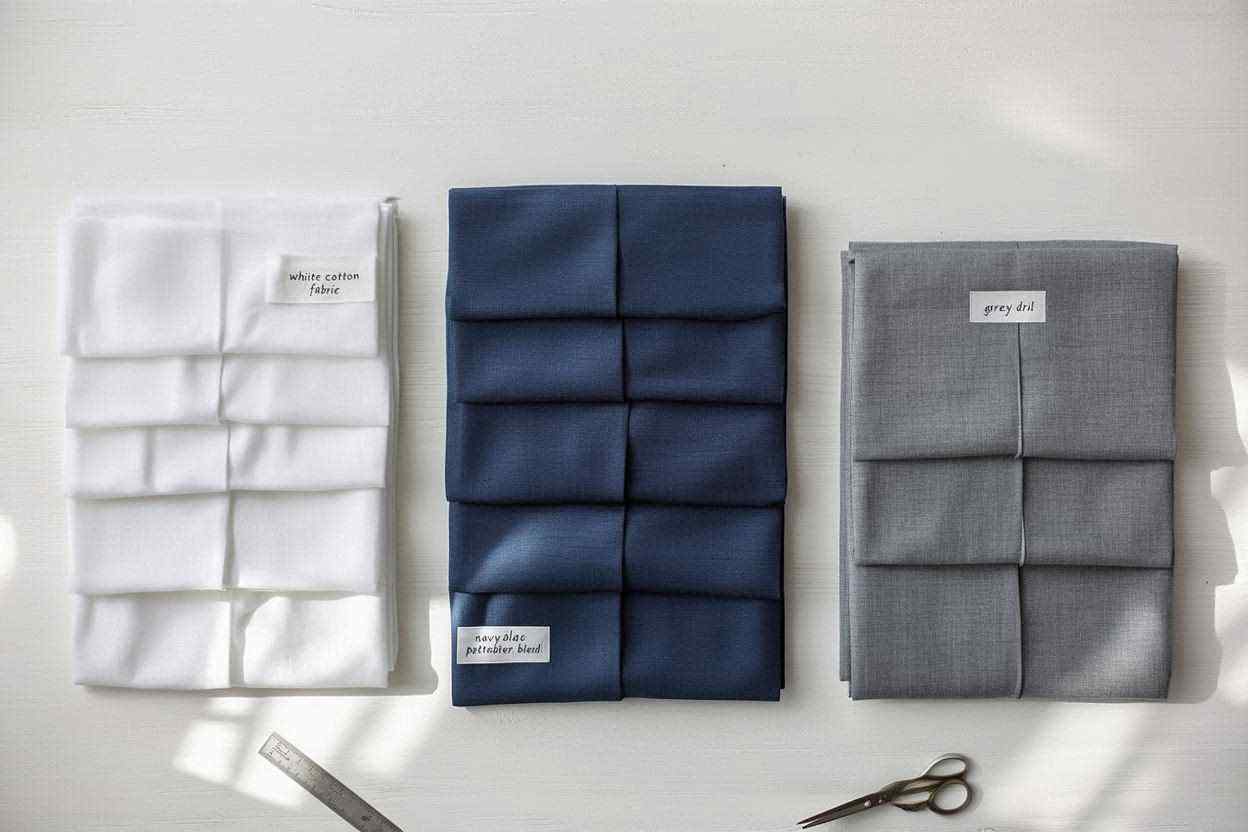 Berbagai sampel bahan seragam kerja terbaik termasuk katun combed, drill, dan polyester blend dengan label spesifikasi material