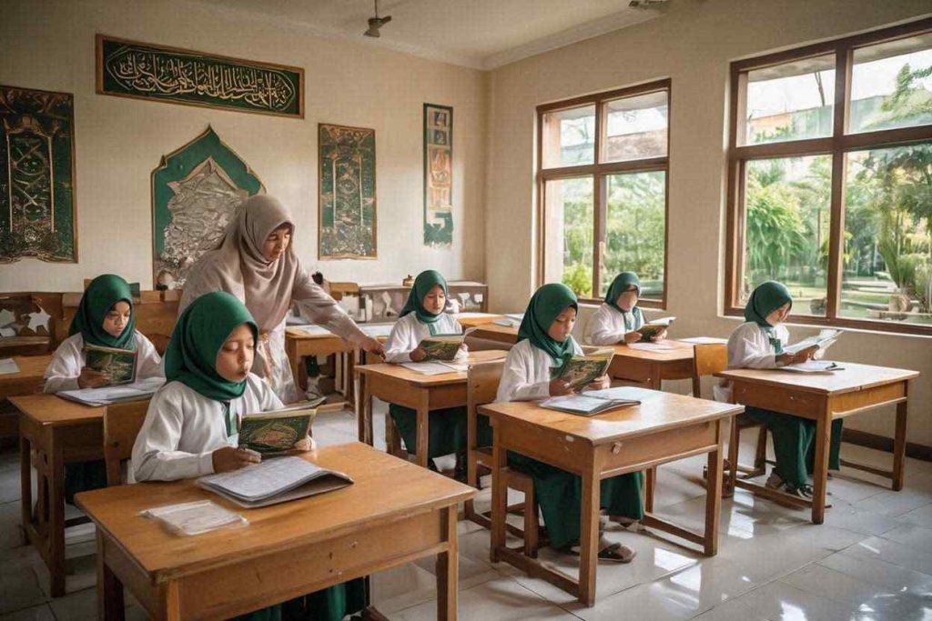Siswa SD Islam di Jogja sedang belajar mengaji Al Quran dengan guru di ruang kelas yang nyaman dan islami