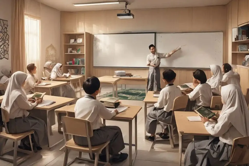 Ilustrasi siswa SMP Islam di Jogja sedang belajar Al-Qur’an dan pelajaran umum di kelas modern