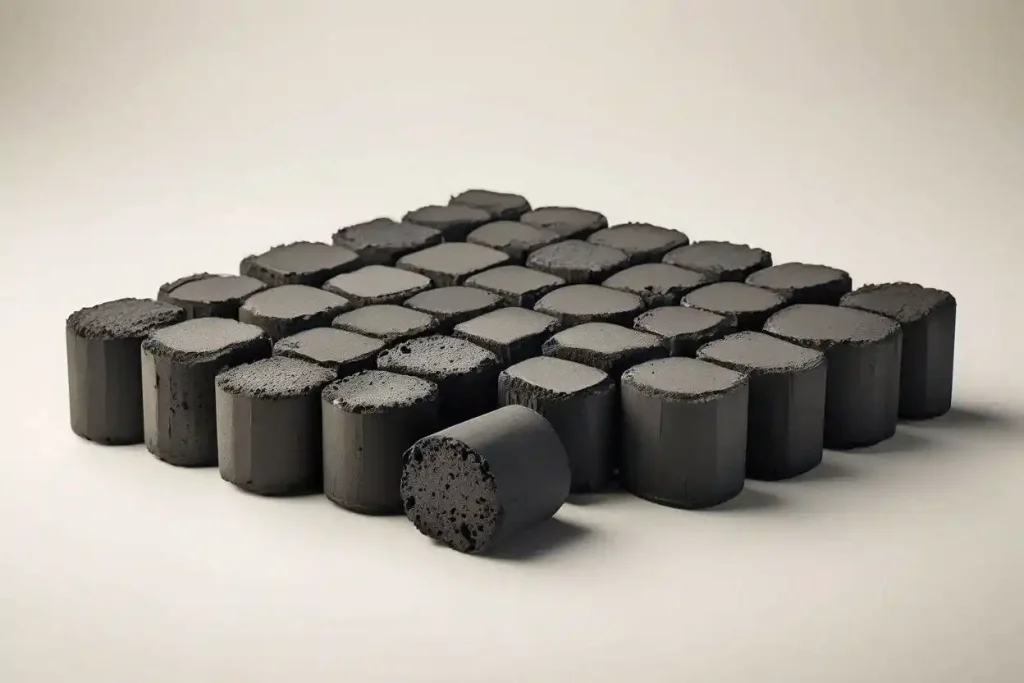 High-quality coconut charcoal briquettes showing uniform shape, density, and smooth surface texture