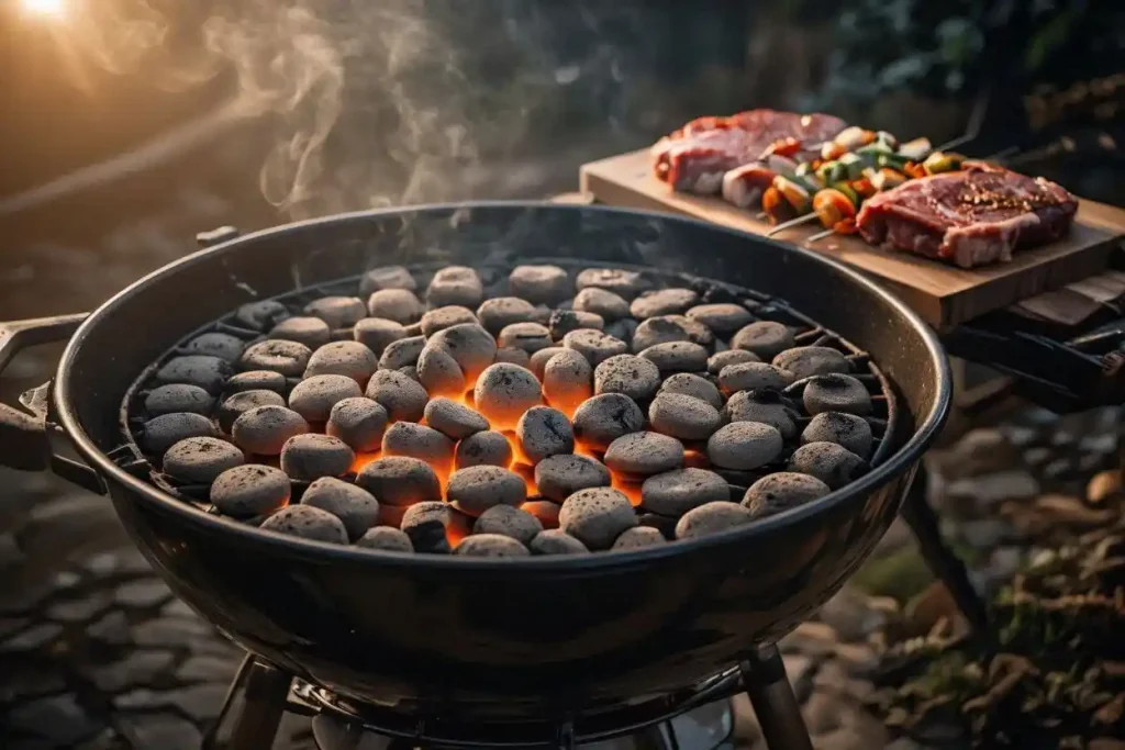 charcoal setup before grilling meat with evenly arranged charcoal briquettes