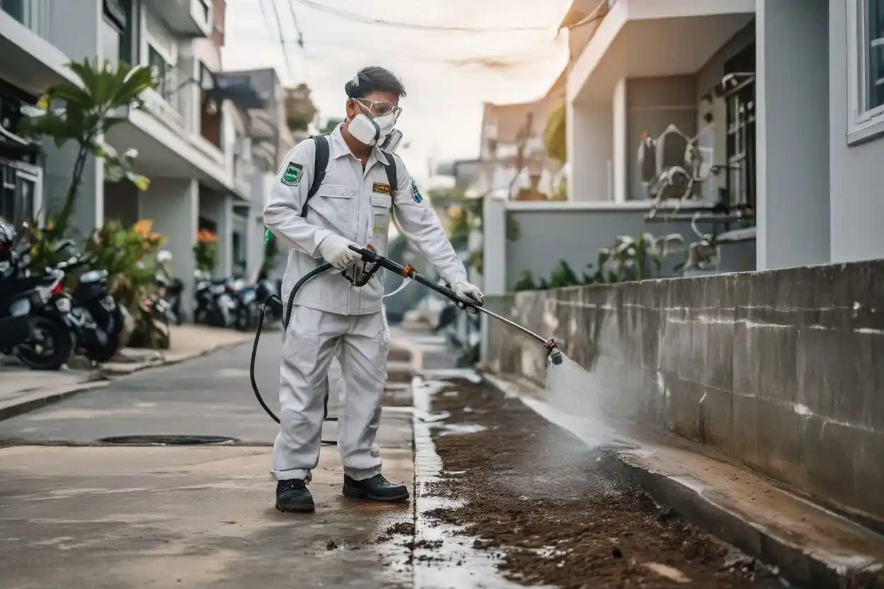 Teknisi jasa anti rayap Tangerang sedang melakukan penyemprotan termitisida di area fondasi rumah