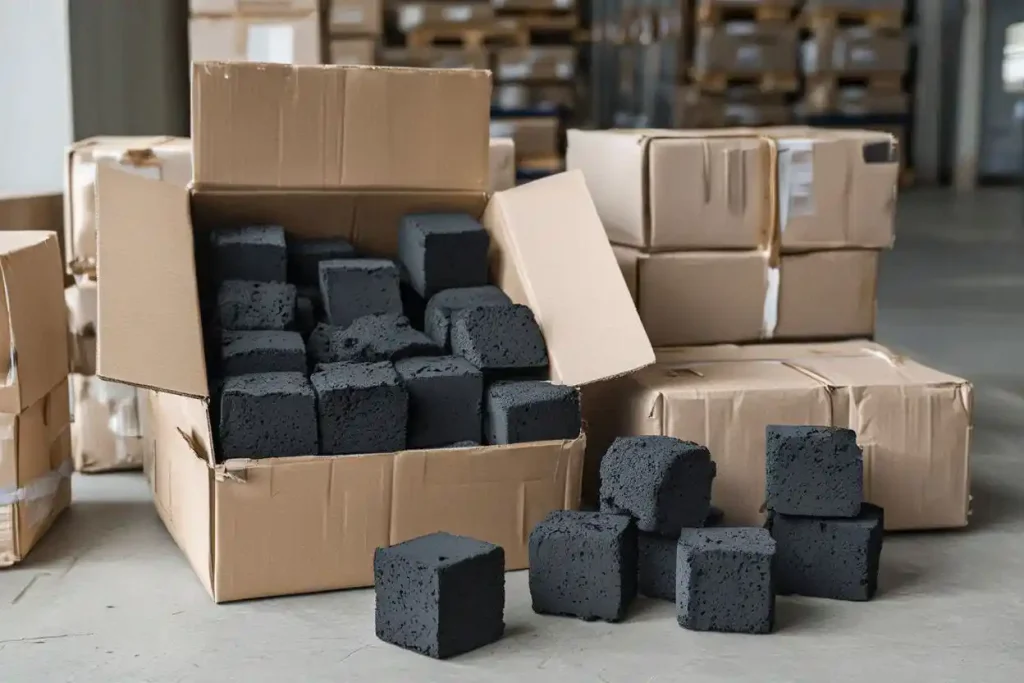 bulk hookah charcoal briquettes stacked for export