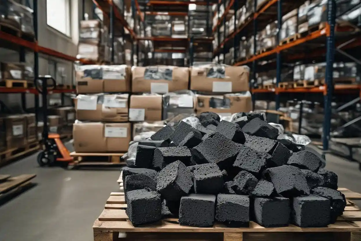 bulk supply of hookah charcoal coconut briquettes stacked in warehouse